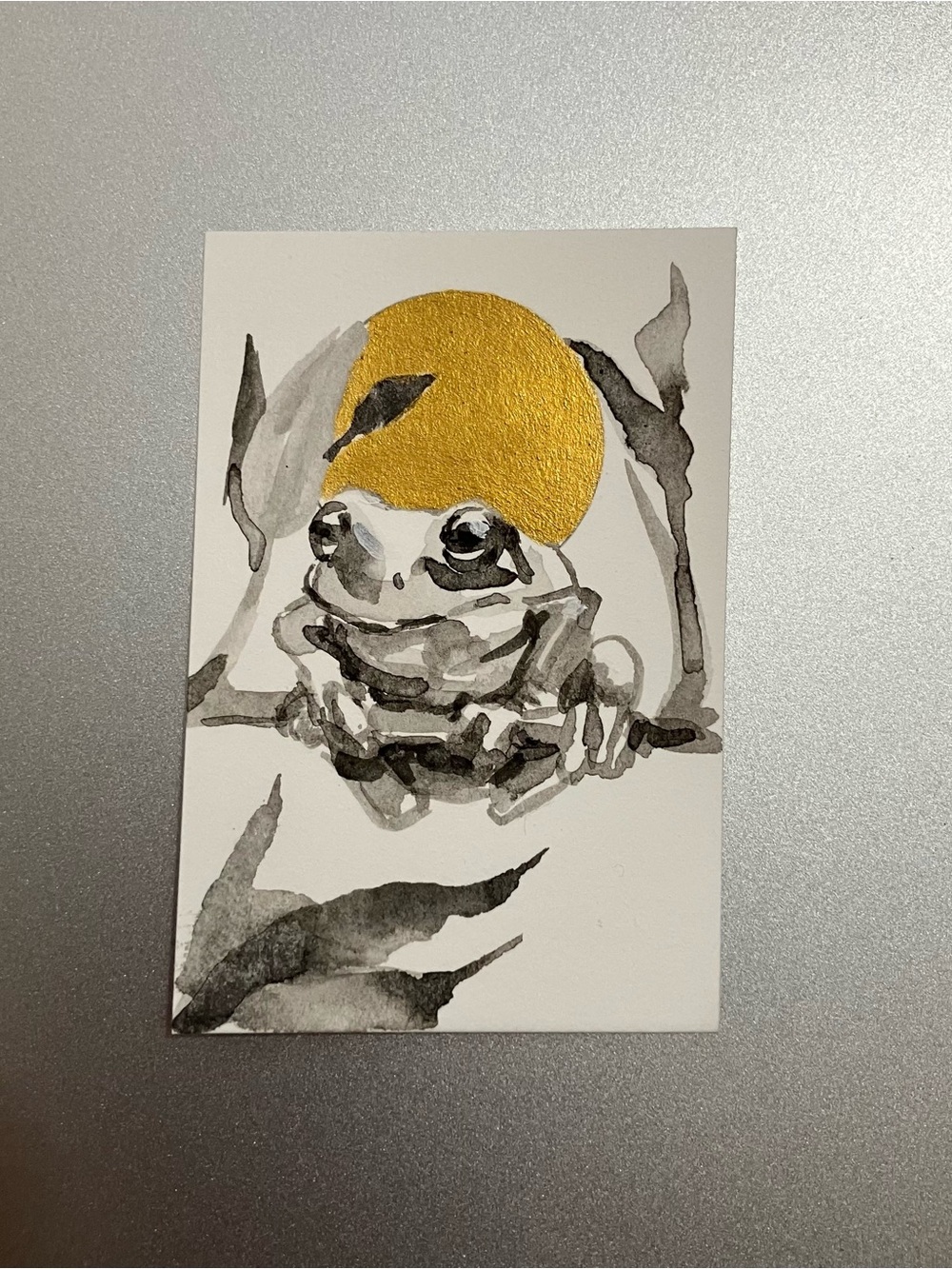 Original tree frog painting miniature realism art sumi-e style artwork USA